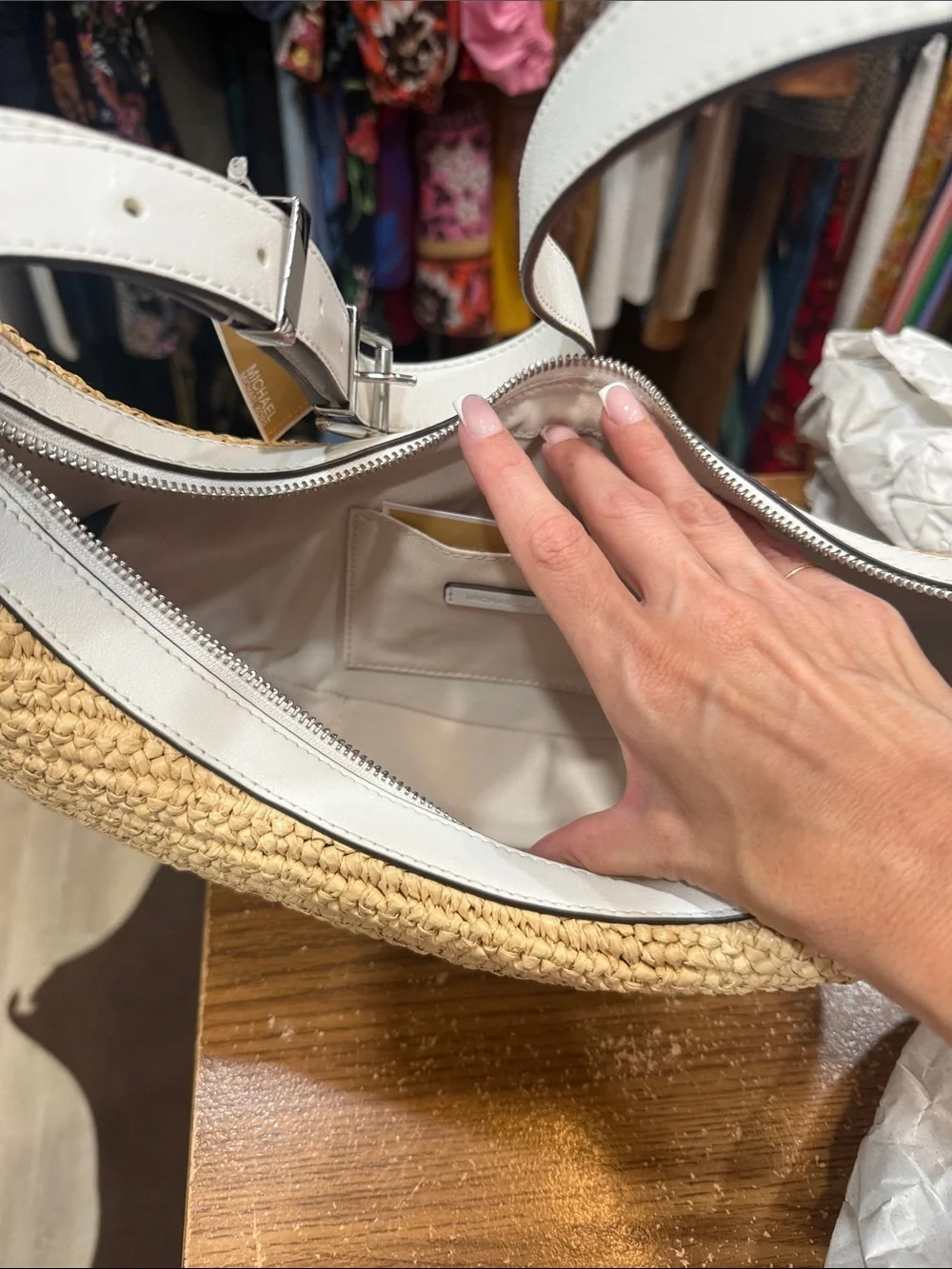 Michael Kors Straw Crescent Shoulder Bag with White Trim